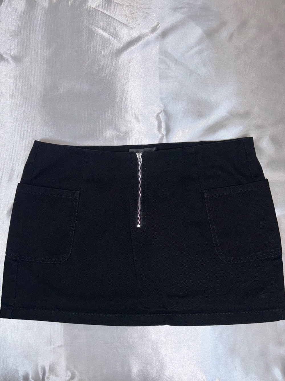 White Fox Black Denim Front Zip Mini Skirt, Size M